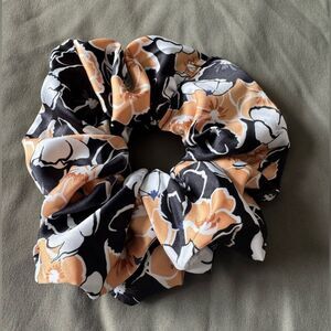 Black and Orange Hair Scrunchie with Floral Design Handmade